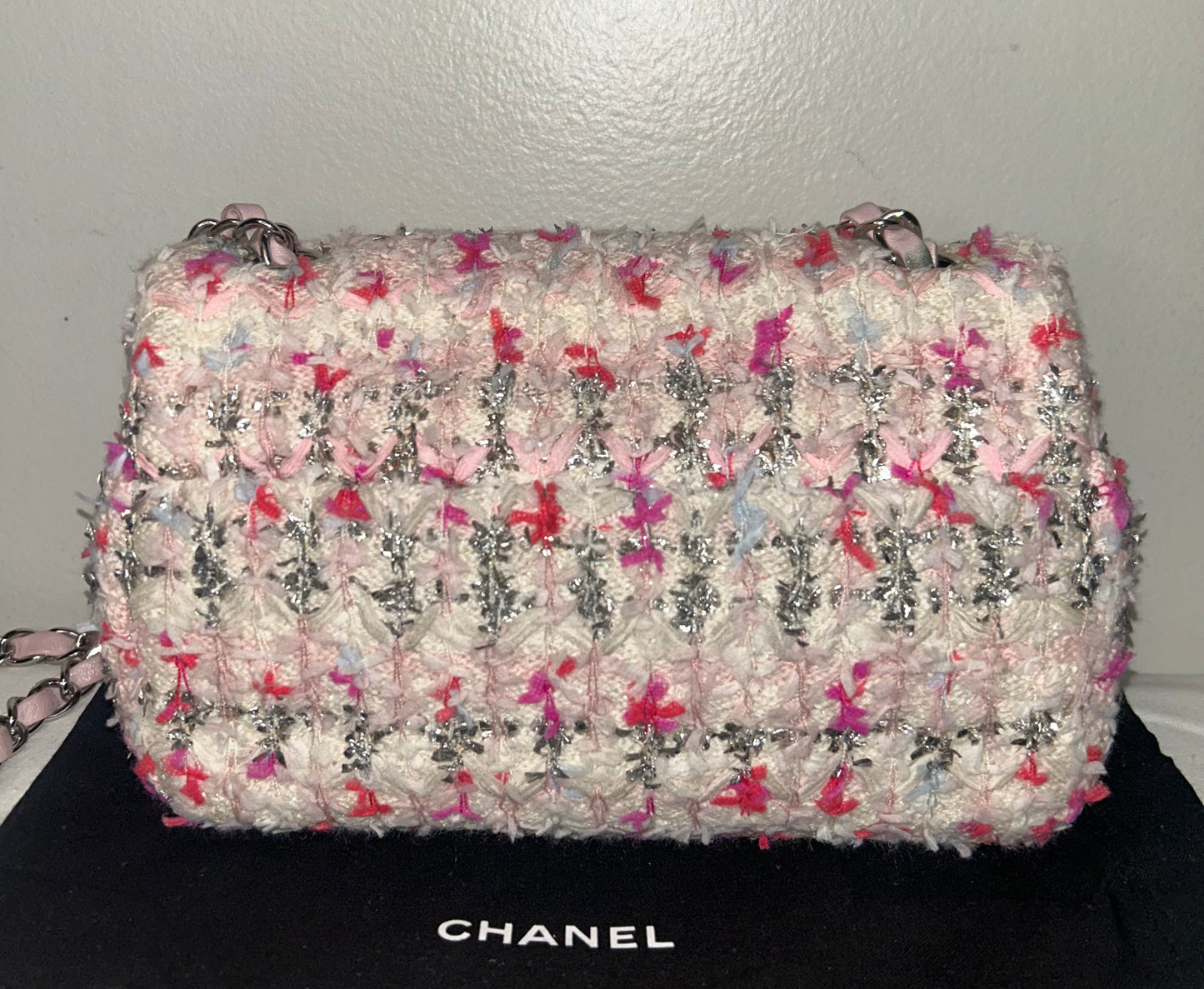 CHANEL Classic Tweed Quilted Mini Rectangular Flap Bag Light Pink