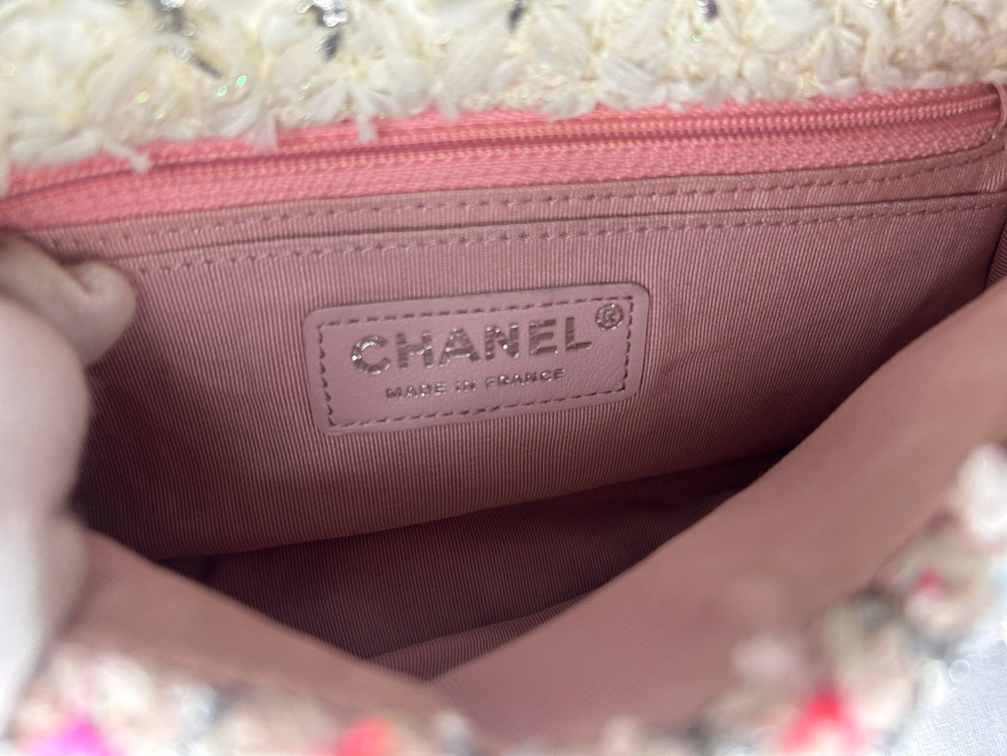 CHANEL Classic Tweed Quilted Mini Rectangular Flap Bag Light Pink