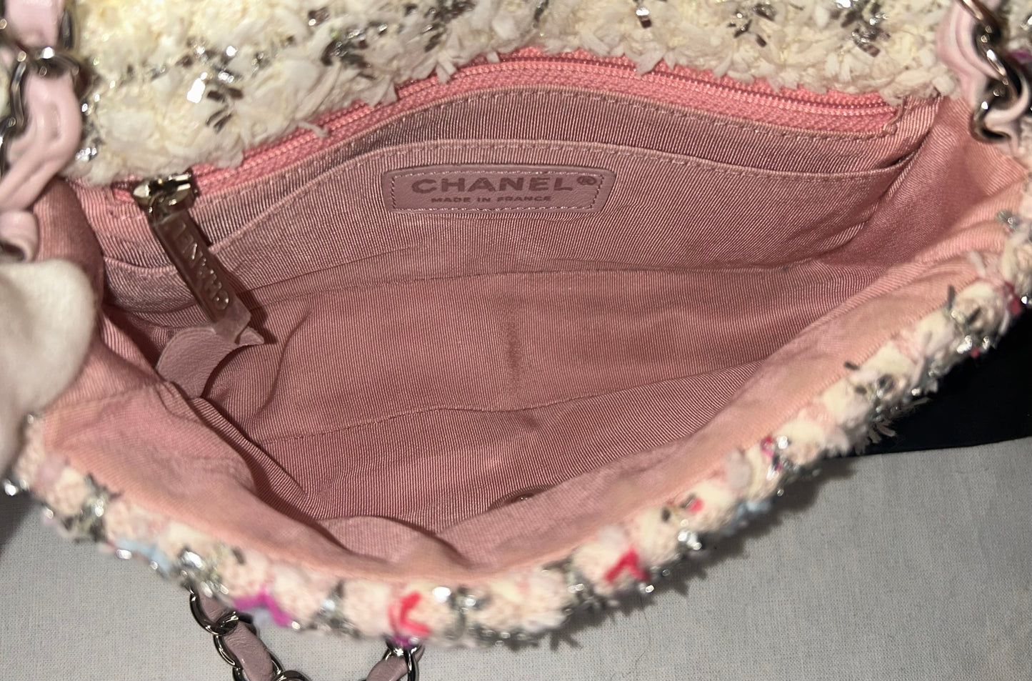 CHANEL Classic Tweed Quilted Mini Rectangular Flap Bag Light Pink