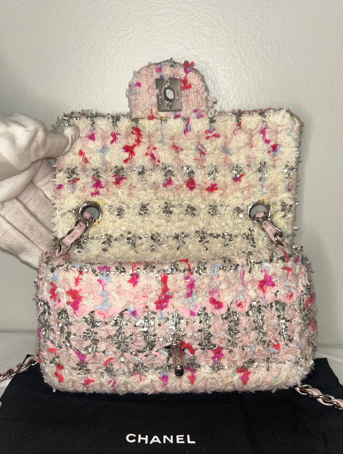 CHANEL Classic Tweed Quilted Mini Rectangular Flap Bag Light Pink