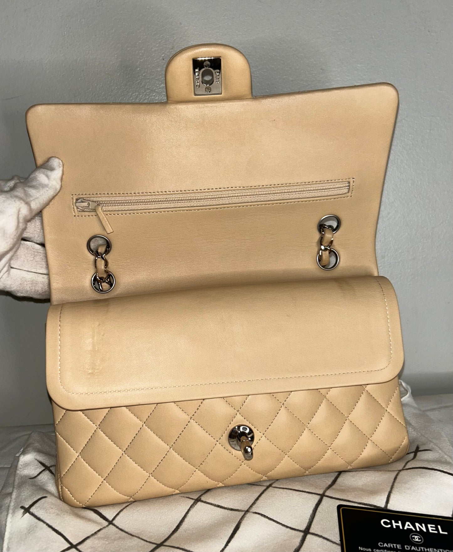 CHANEL Medium Classic Double Flap Quilted Lambskin Leather Handbag Beige Clair