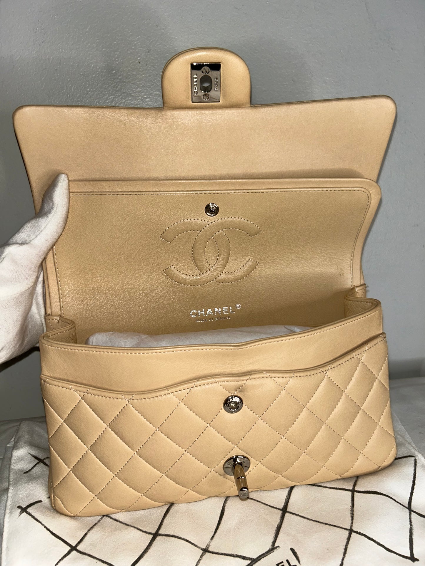 CHANEL Medium Classic Double Flap Quilted Lambskin Leather Handbag Beige Clair
