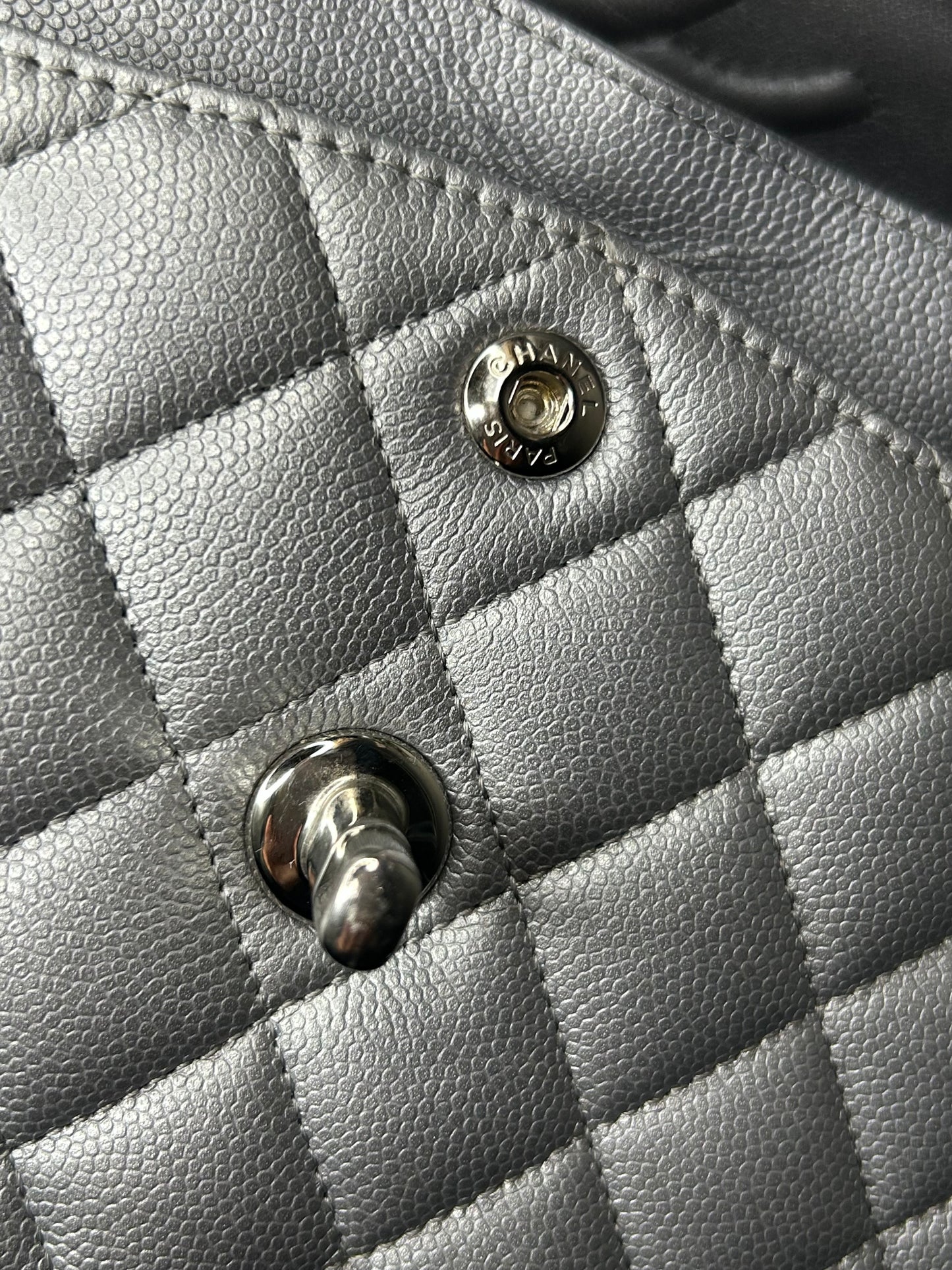 CHANEL Small Classic Double Flap Caviar Quilted Handbag Silver
