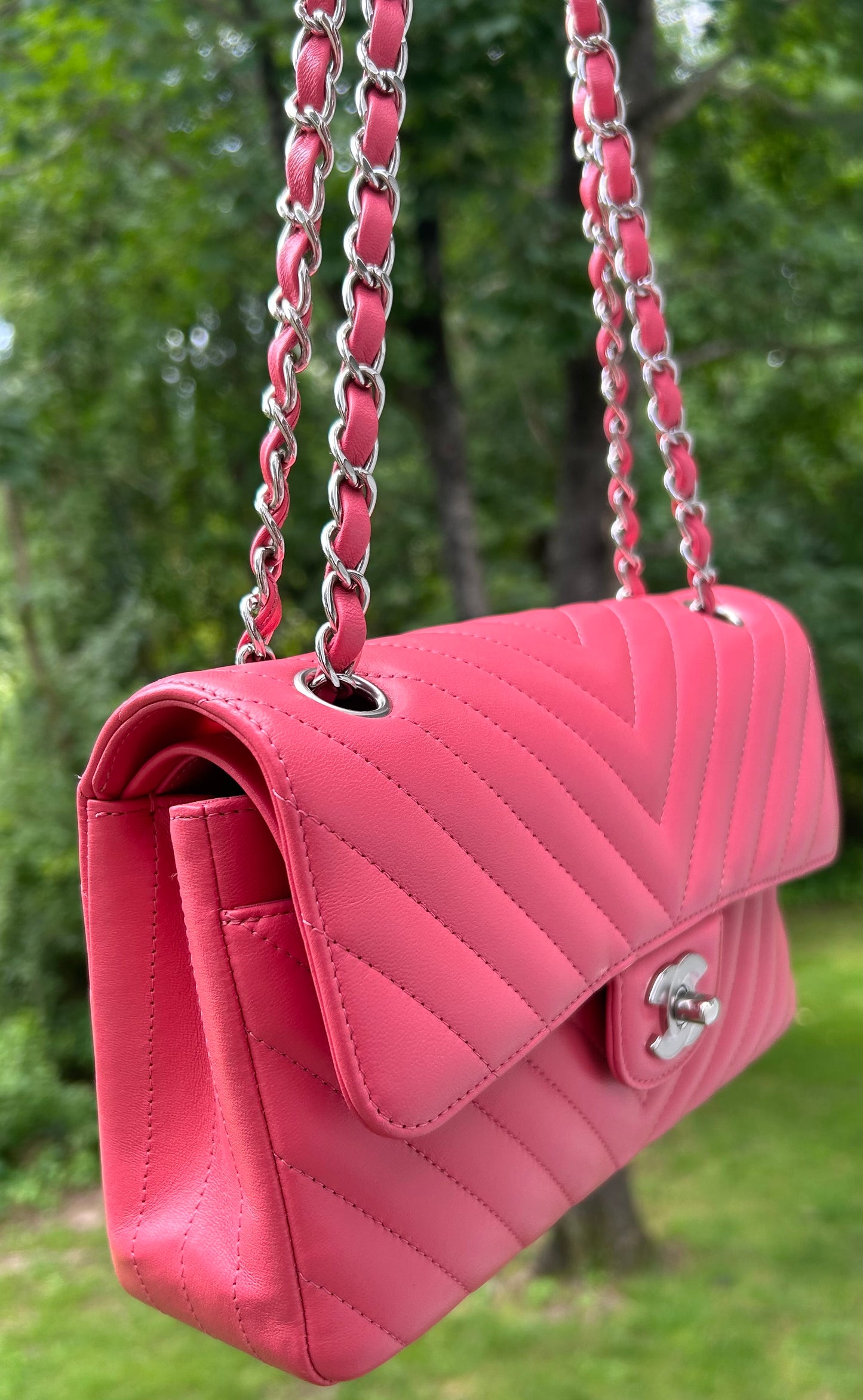 CHANEL Classic CC Small Double Flap Chevron Quilted Handbag Pink