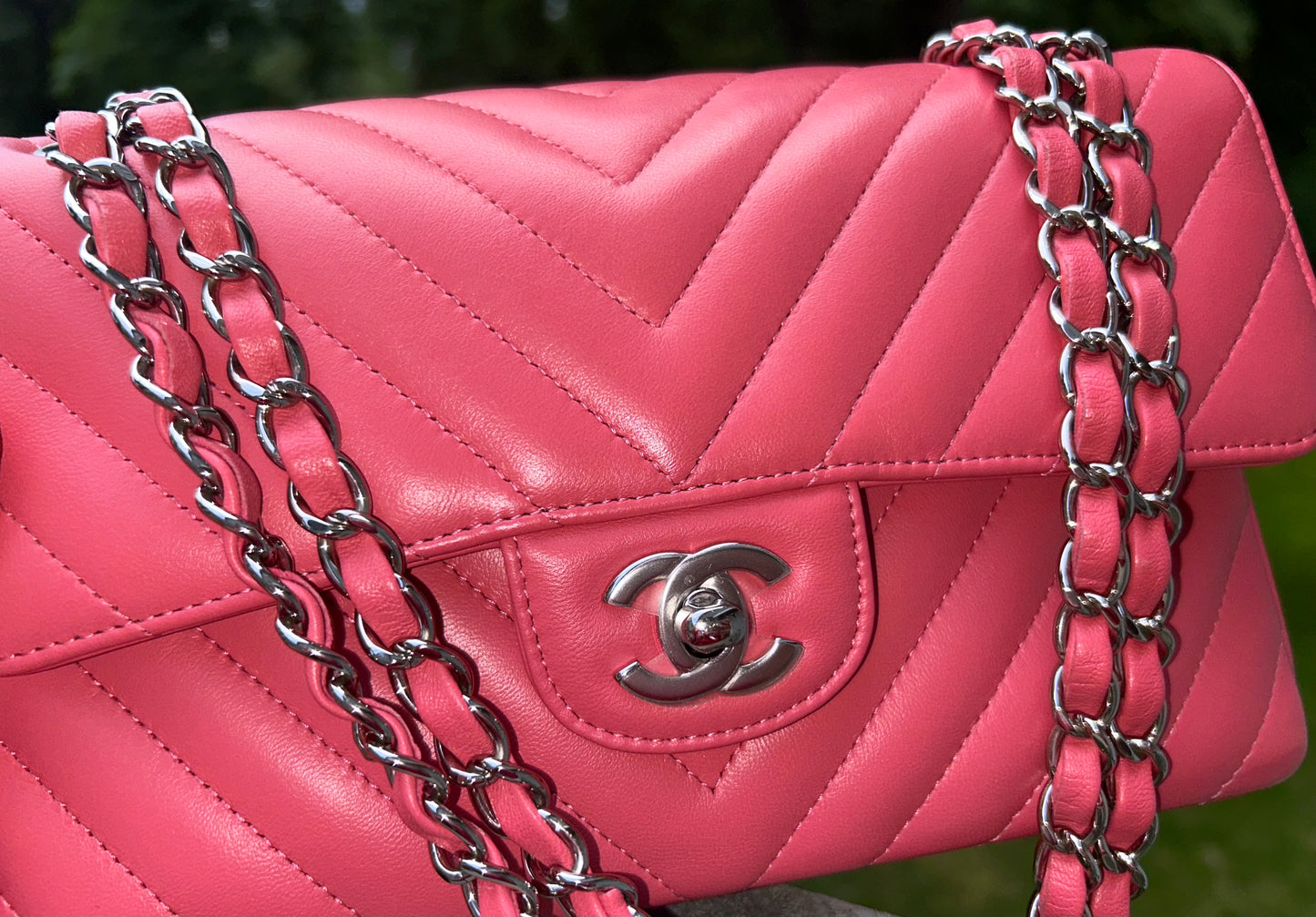 CHANEL Classic CC Small Double Flap Chevron Quilted Handbag Pink