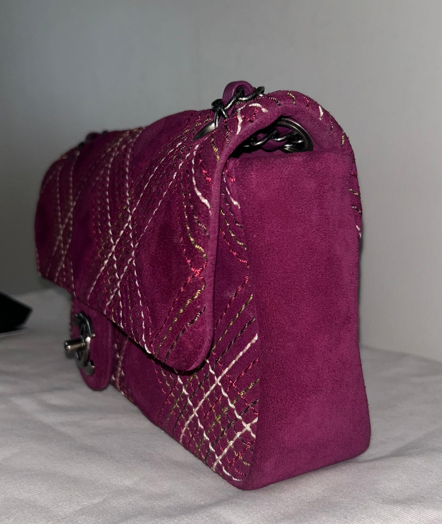 CHANEL Classic Quilted Suede Leather Medium Shoulder Bag Dark Purple