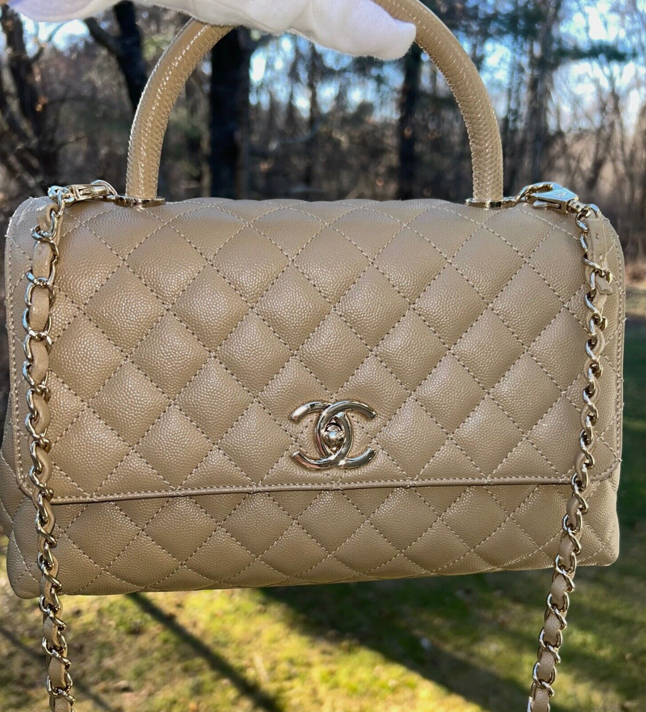 CHANEL 21A Quilted Caviar Small Coco Handle Lizard Embossed Dark Beige