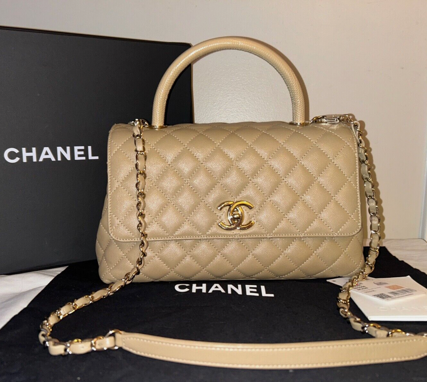 CHANEL 21A Quilted Caviar Small Coco Handle Lizard Embossed Dark Beige