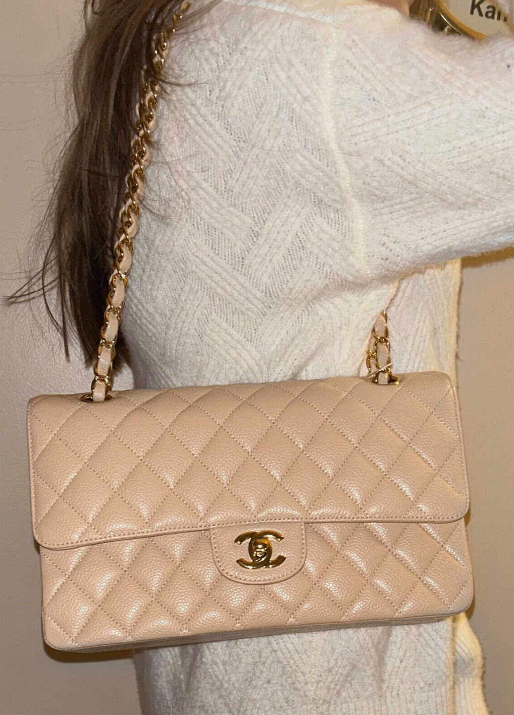 CHANEL Classic CC Medium Double Flap Caviar Leather Handbag Beige Clair/Gold