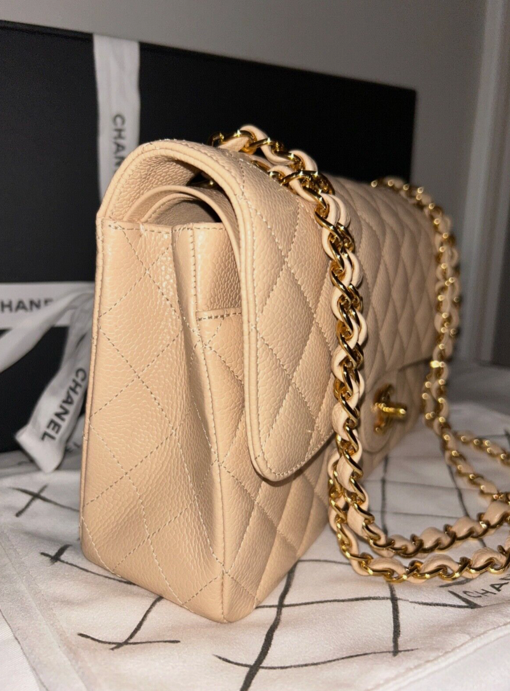 CHANEL Classic CC Medium Double Flap Caviar Leather Handbag Beige Clair/Gold