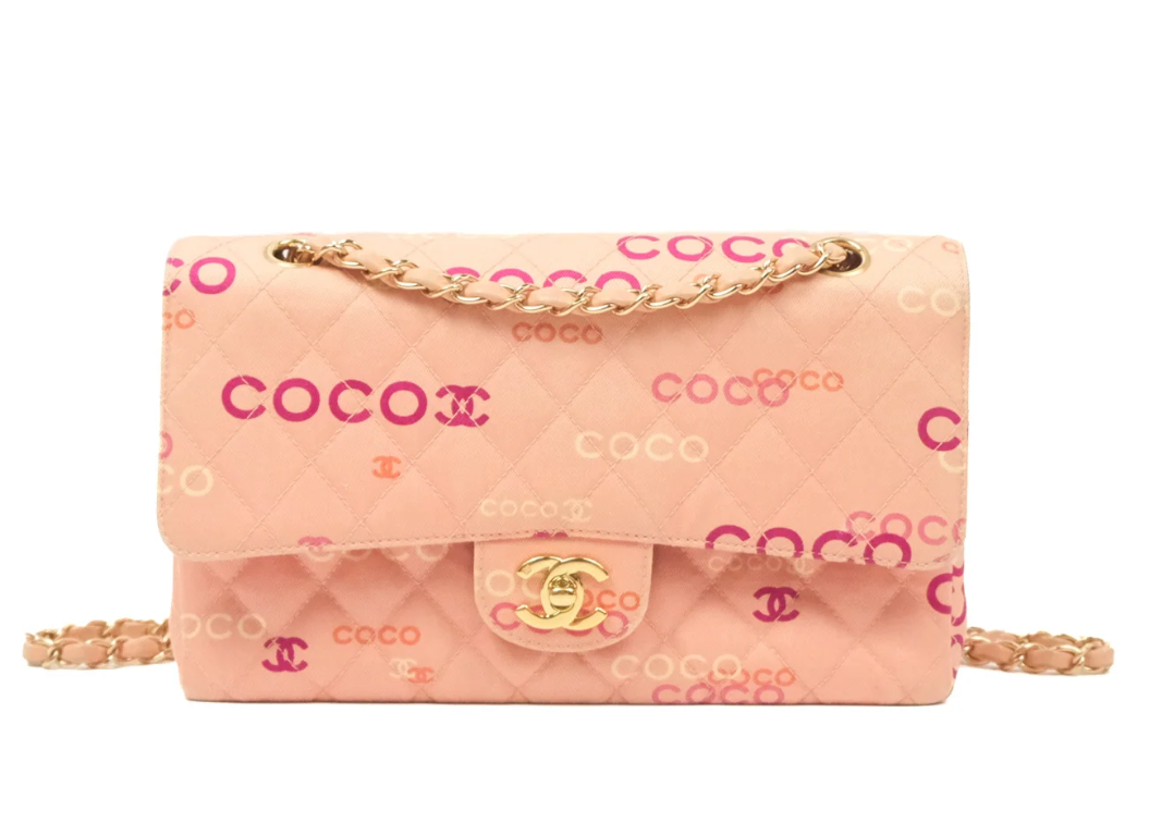 CHANEL Coco Logo Medium Classic Double Flap Bag Quilted Canvas Pink 24k GHW