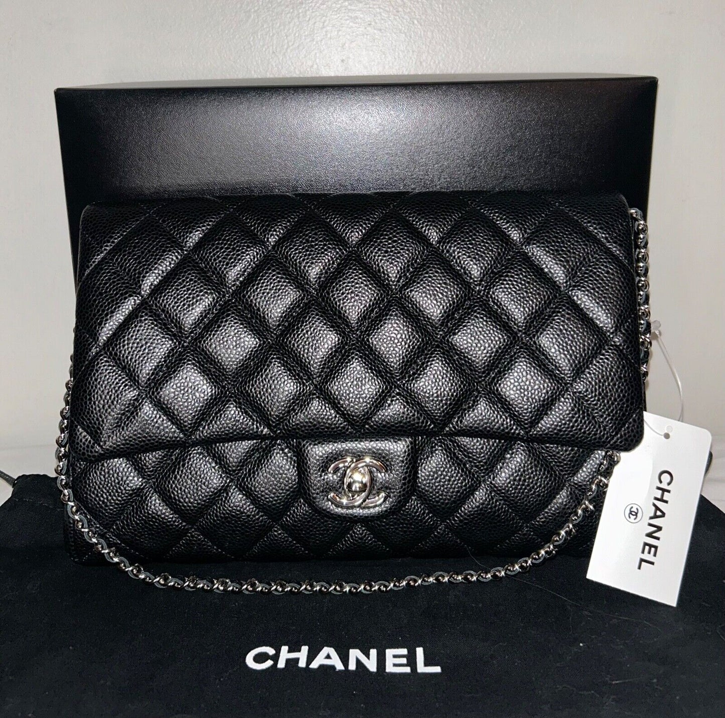 CHANEL Classic Quilted Single Flap Shoulder Bag Caviar Leather Black