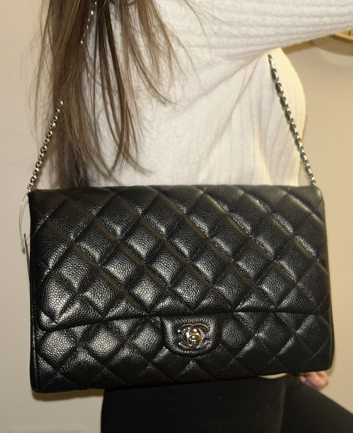 CHANEL Classic Quilted Single Flap Shoulder Bag Caviar Leather Black