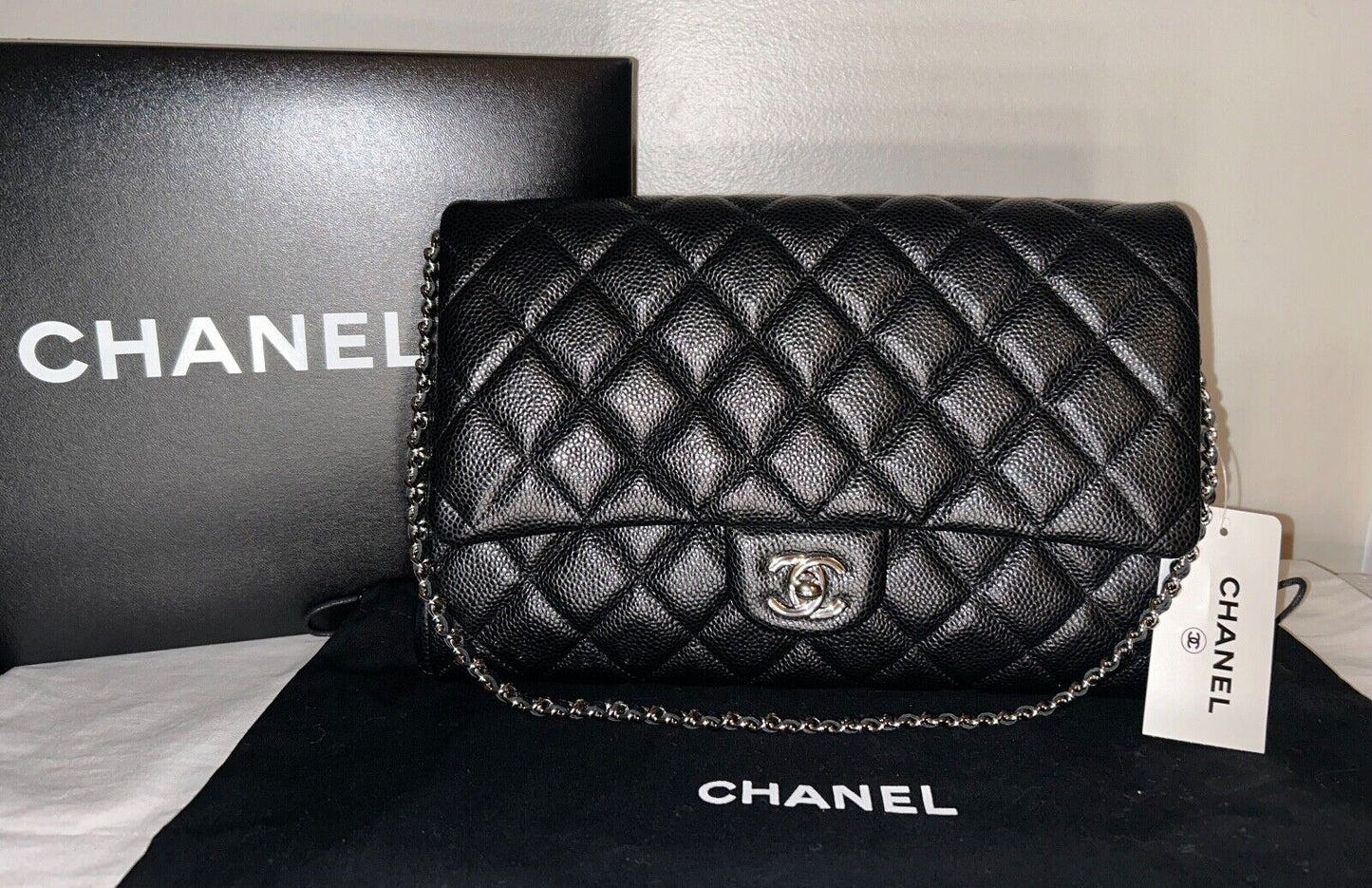 CHANEL Classic Quilted Single Flap Shoulder Bag Caviar Leather Black