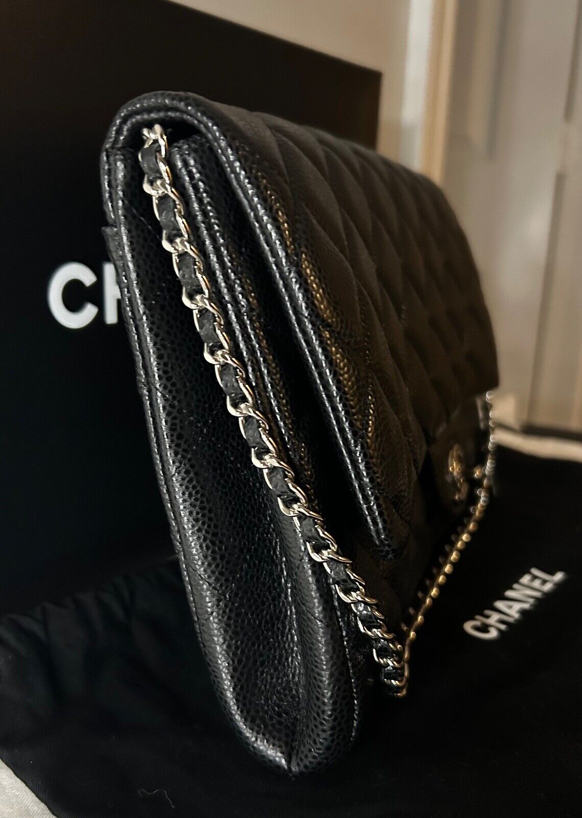 CHANEL Classic Quilted Single Flap Shoulder Bag Caviar Leather Black