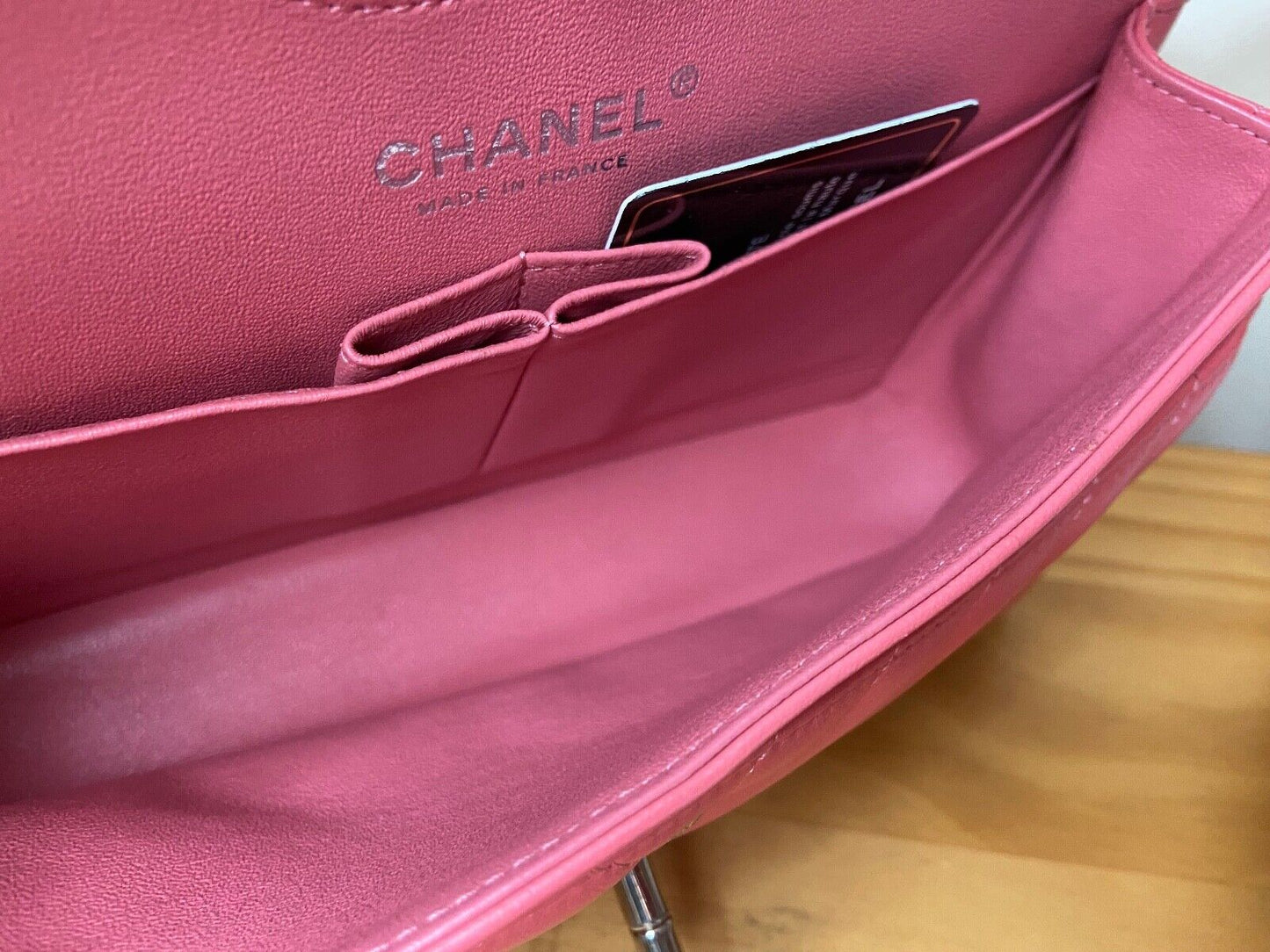 CHANEL Classic CC Small Double Flap Chevron Quilted Handbag Pink