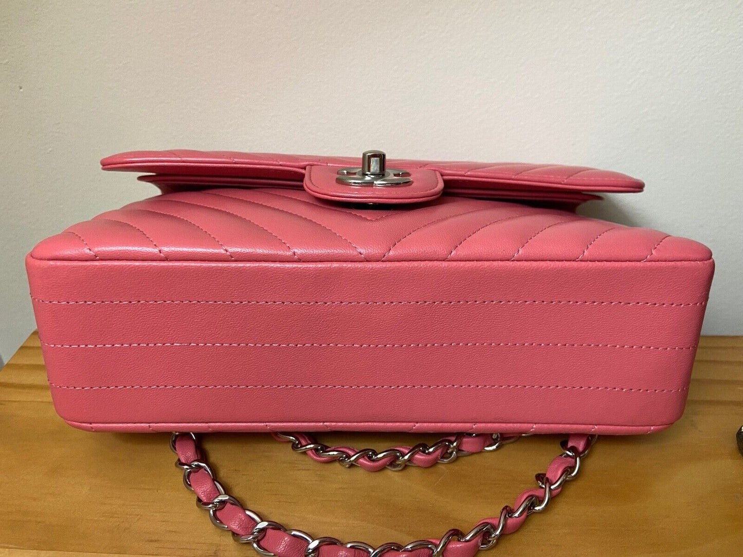 CHANEL Classic CC Small Double Flap Chevron Quilted Handbag Pink