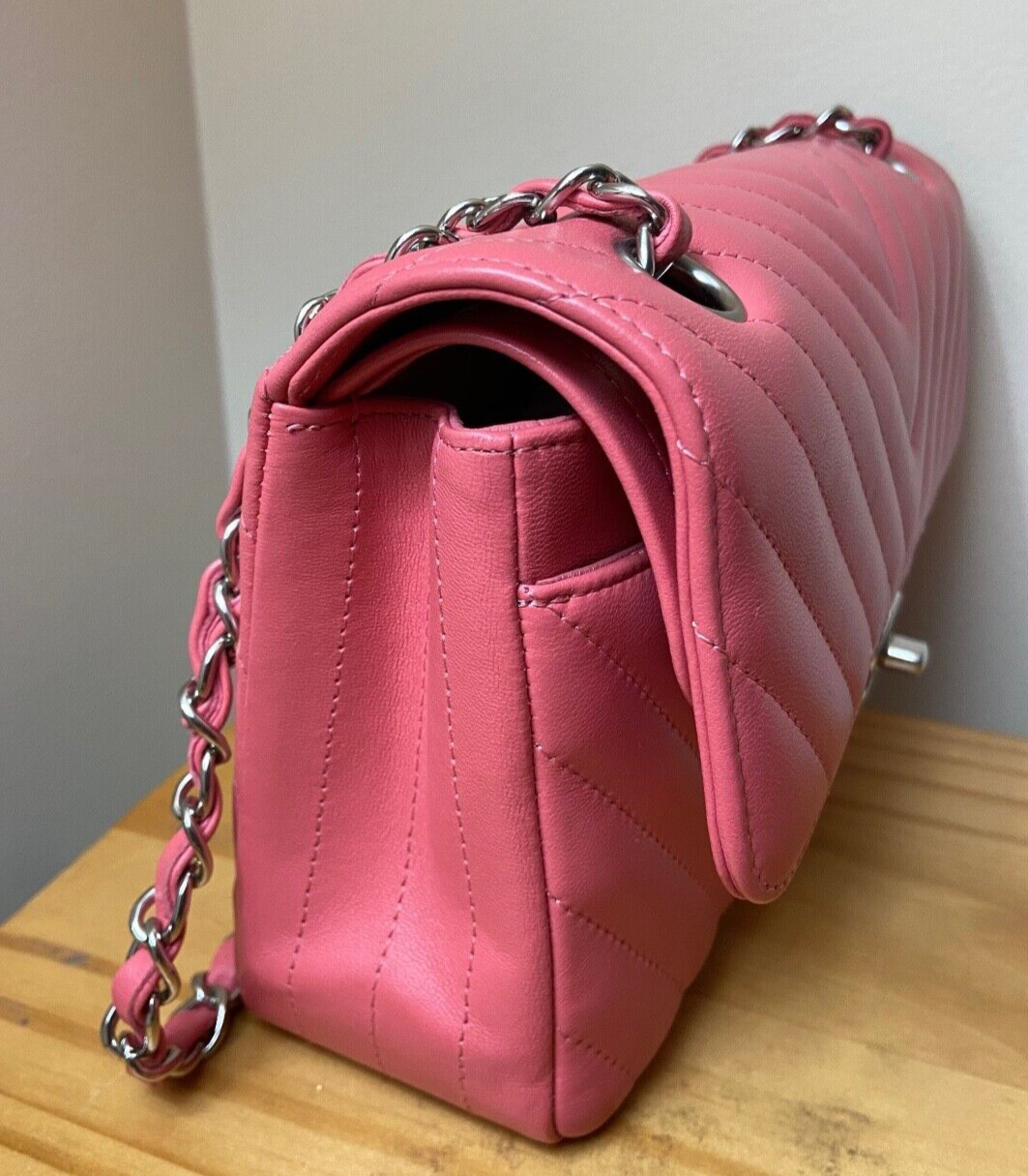 CHANEL Classic CC Small Double Flap Chevron Quilted Handbag Pink