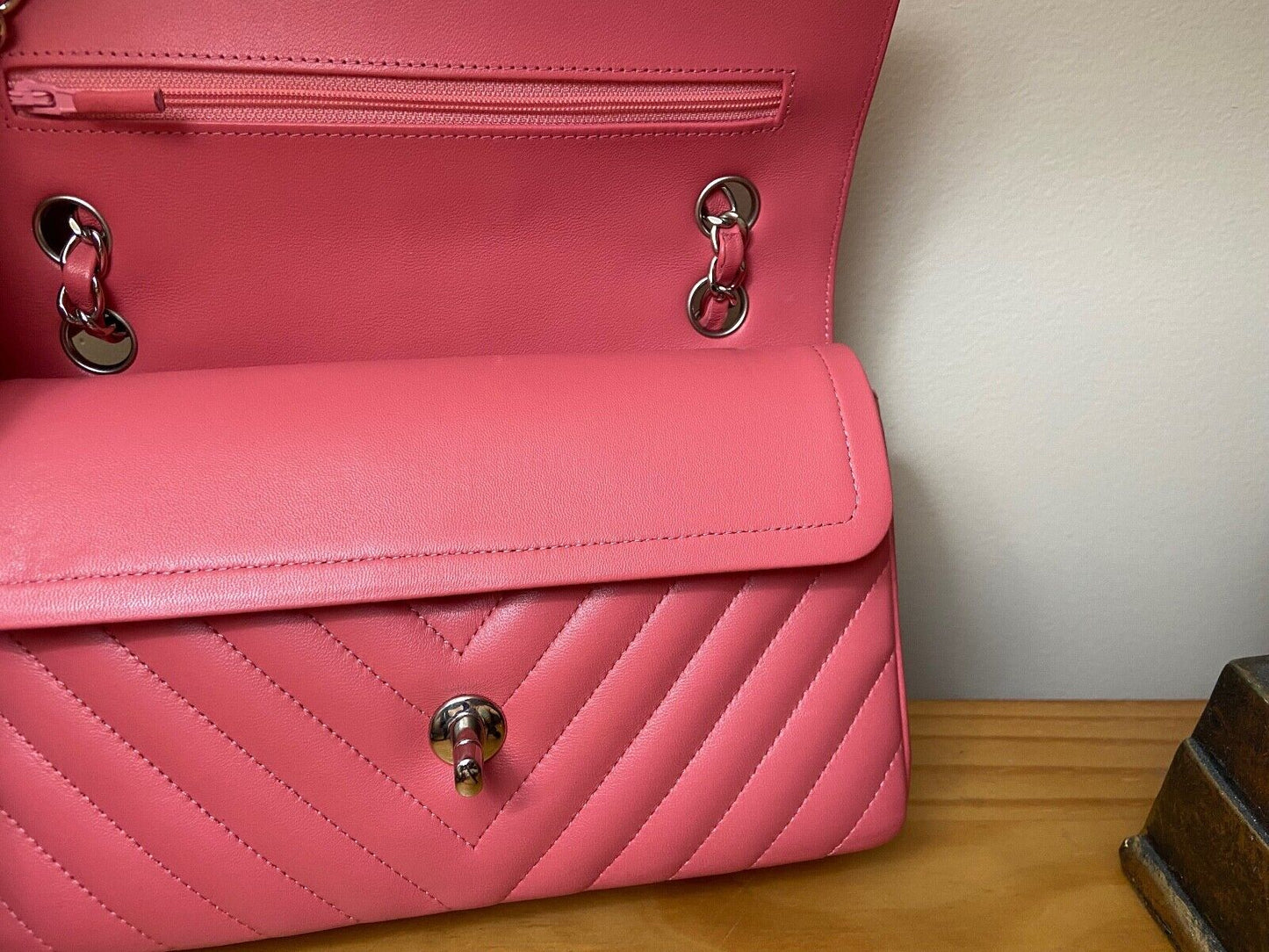 CHANEL Classic CC Small Double Flap Chevron Quilted Handbag Pink