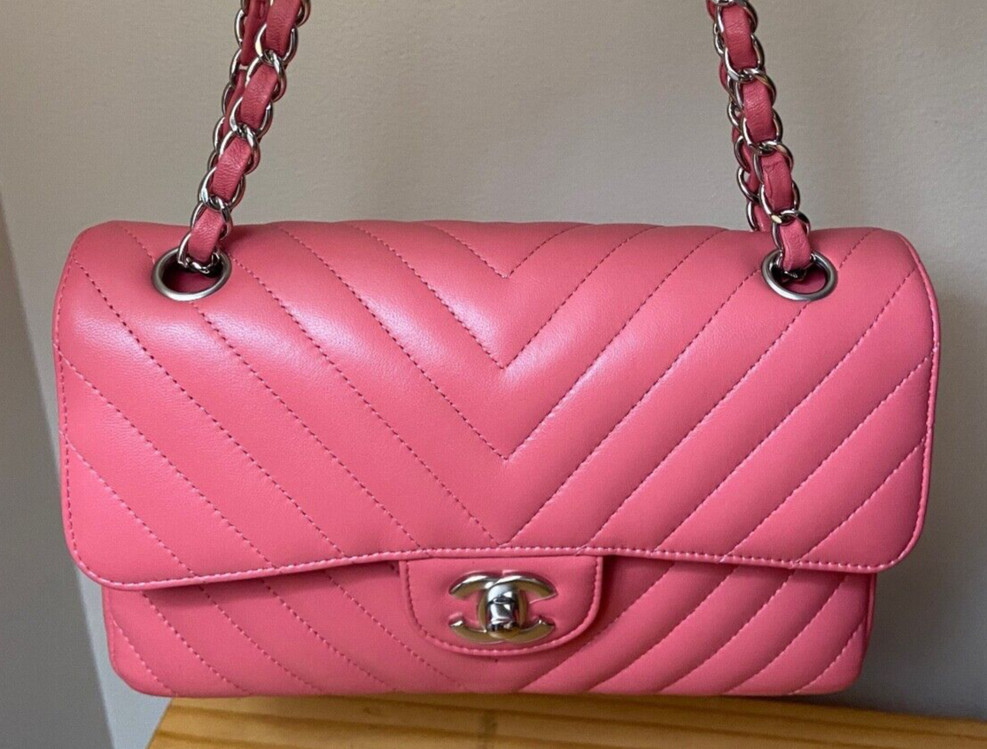 CHANEL Classic CC Small Double Flap Chevron Quilted Handbag Pink