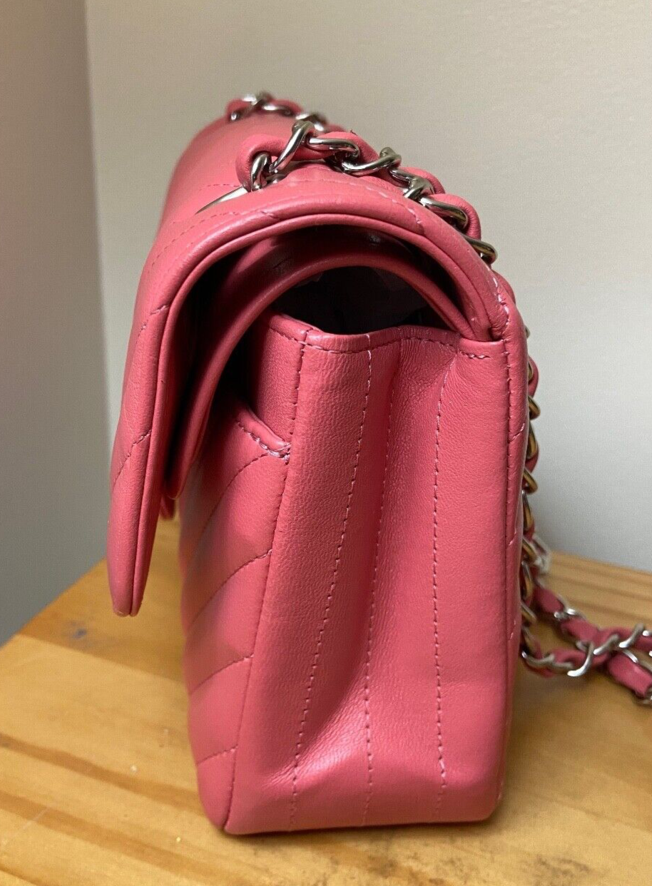 CHANEL Classic CC Small Double Flap Chevron Quilted Handbag Pink