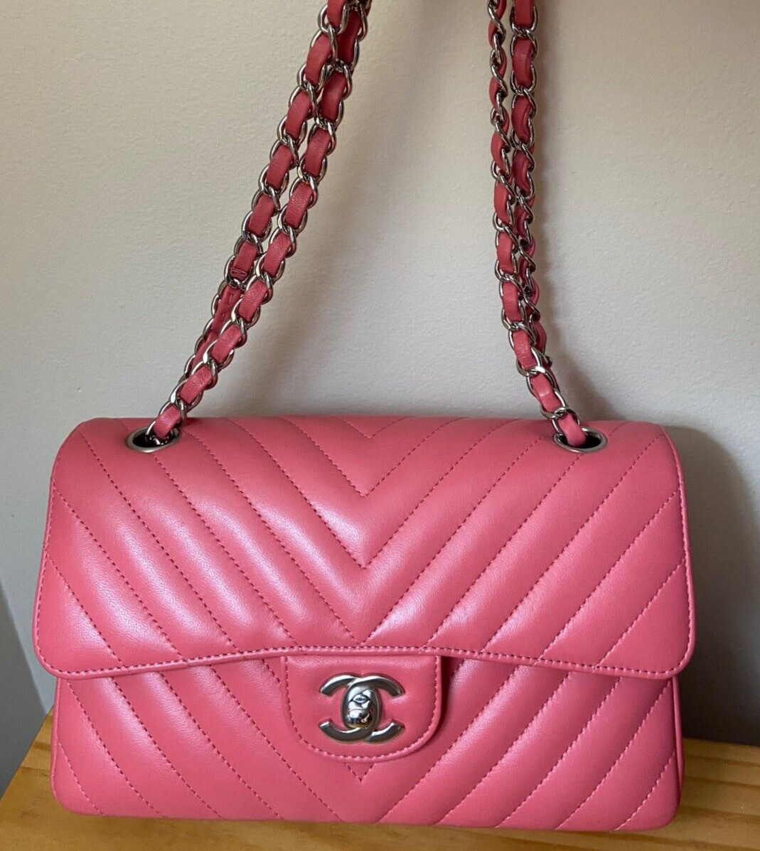 CHANEL Classic CC Small Double Flap Chevron Quilted Handbag Pink