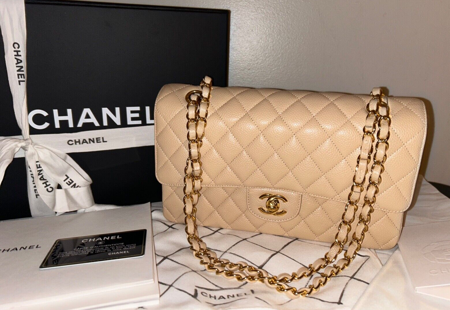 CHANEL Classic CC Medium Double Flap Caviar Leather Handbag Beige Clair/Gold