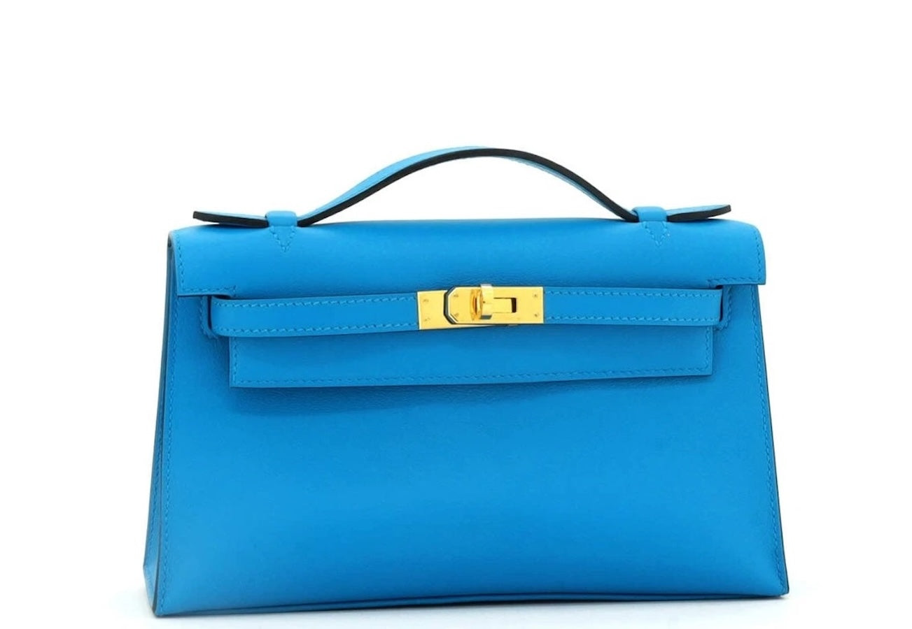HERMÈS Kelly Pochette Bleu Zanzibar Swift Leather Gold Hardware Stamp A
