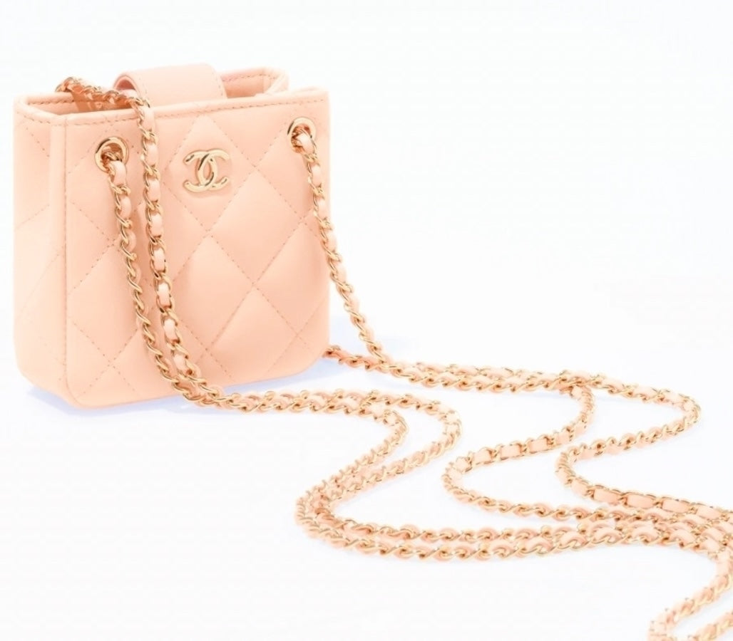 CHANEL Tiny Shopper Clutch With Chain Crossbody Quilted Lambskin Pale Pink