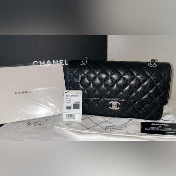 CHANEL Medium Classic Double Flap Caviar Leather Handbag Black