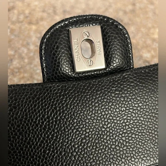 CHANEL Medium Classic Double Flap Caviar Leather Handbag Black