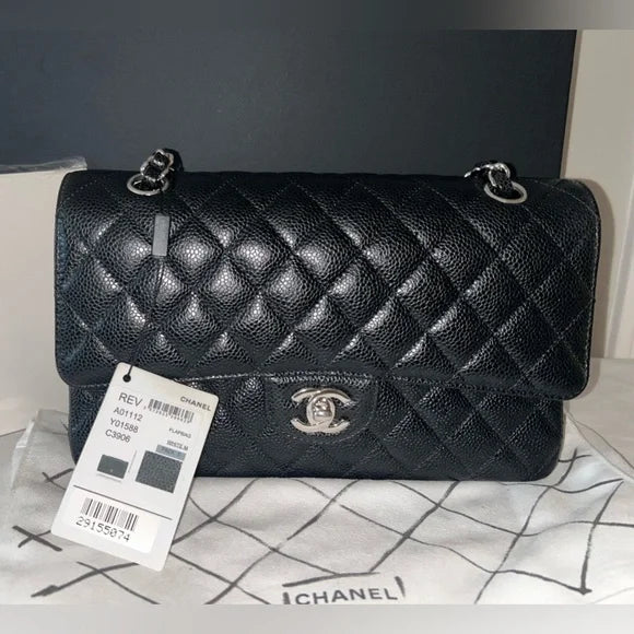 CHANEL Medium Classic Double Flap Caviar Leather Handbag Black