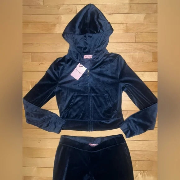 NEW! JUICY COUTURE Velour OG Bling Tracksuit Hoodie & Pant Set Regal Blue Navy Size M
