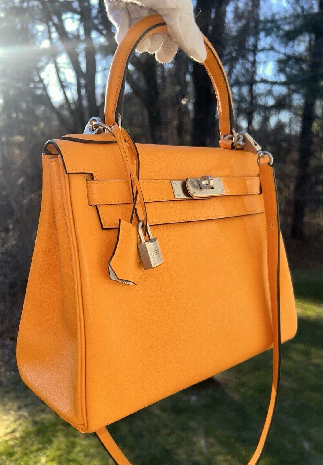HERMES Special Order Kelly 28 (HSS) Jaune D'Or / Craie Swift Brushed Palladium