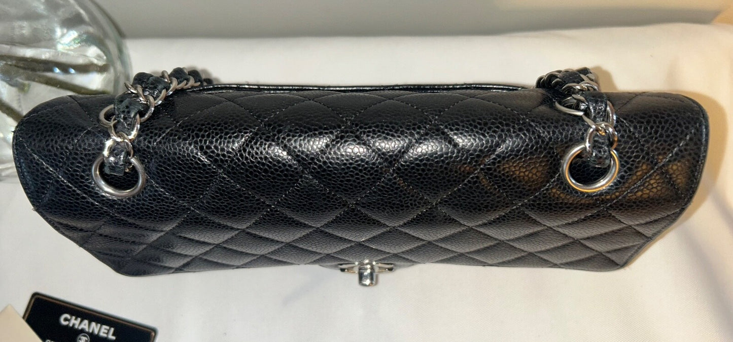 CHANEL Classic Medium Double Flap Quilted Caviar Leather Handbag Black