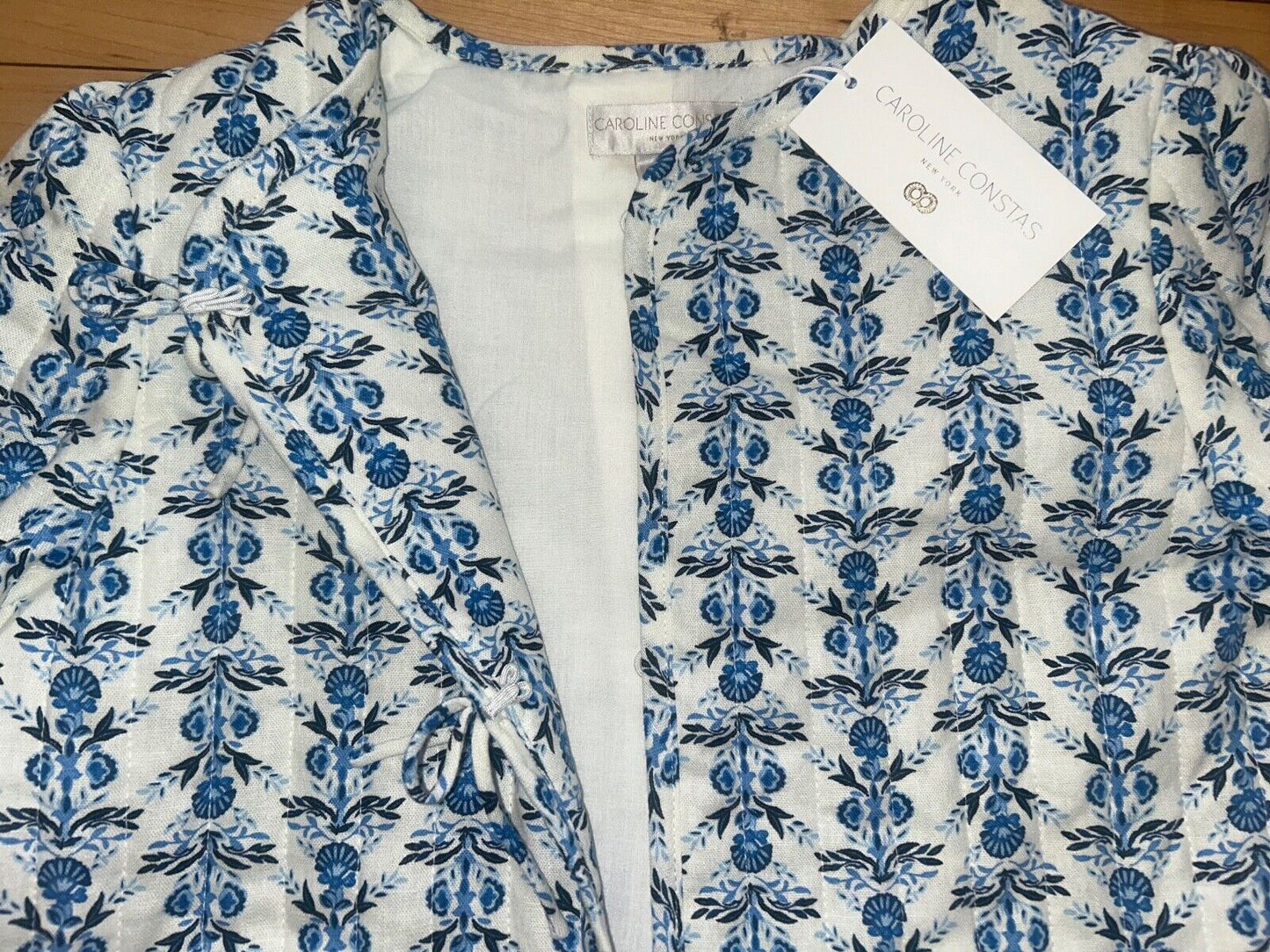 NEW! CAROLINE CONSTAS Bow Floral Patchwork Linen Jacket Blue/White Size S
