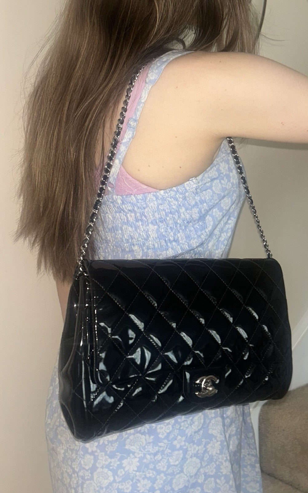 CHANEL Classic Quilted Patent Leather Single Flap Shoulder Bag Black