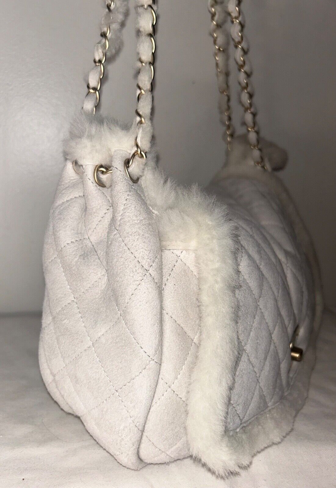 CHANEL CC Quilted Suede & Shearling Large Flap Shoulder Bag Ivory