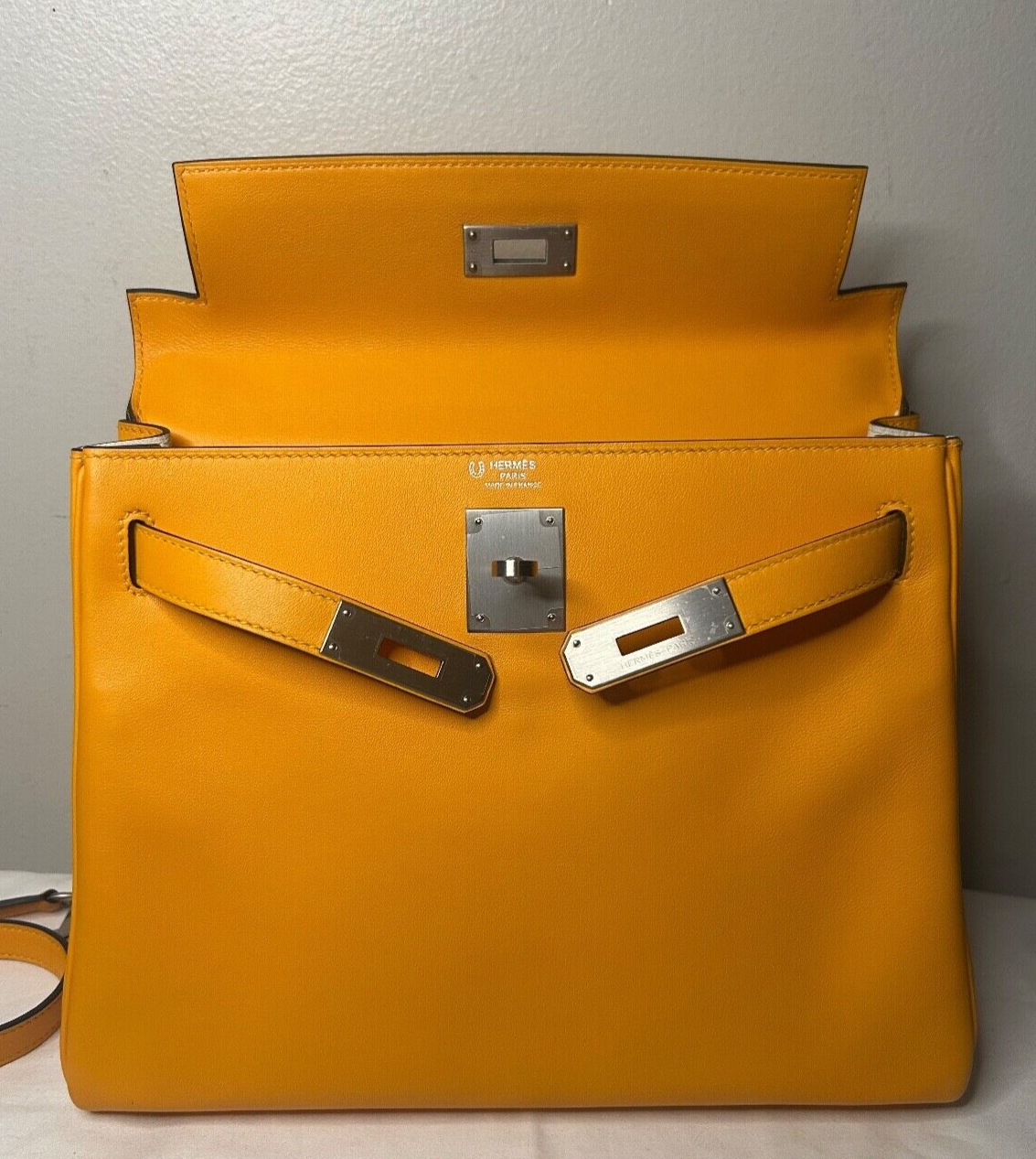 HERMES Special Order Kelly 28 (HSS) Jaune D'Or / Craie Swift Brushed Palladium