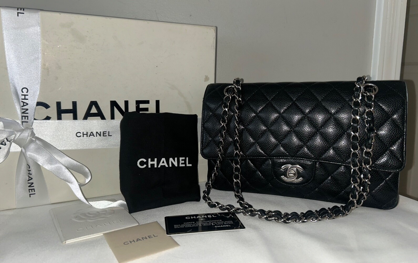 CHANEL Classic Medium Double Flap Quilted Caviar Leather Handbag Black