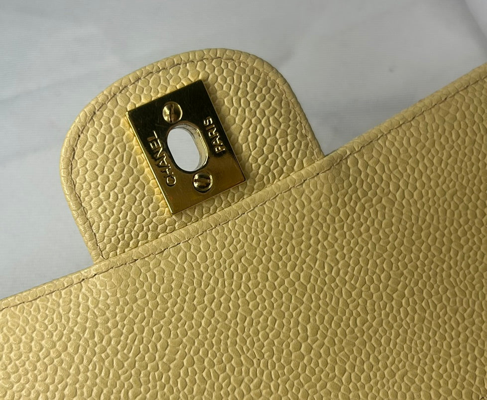 CHANEL Medium Classic Double Flap Caviar Quilted Handbag Beige Clair / 24k Gold