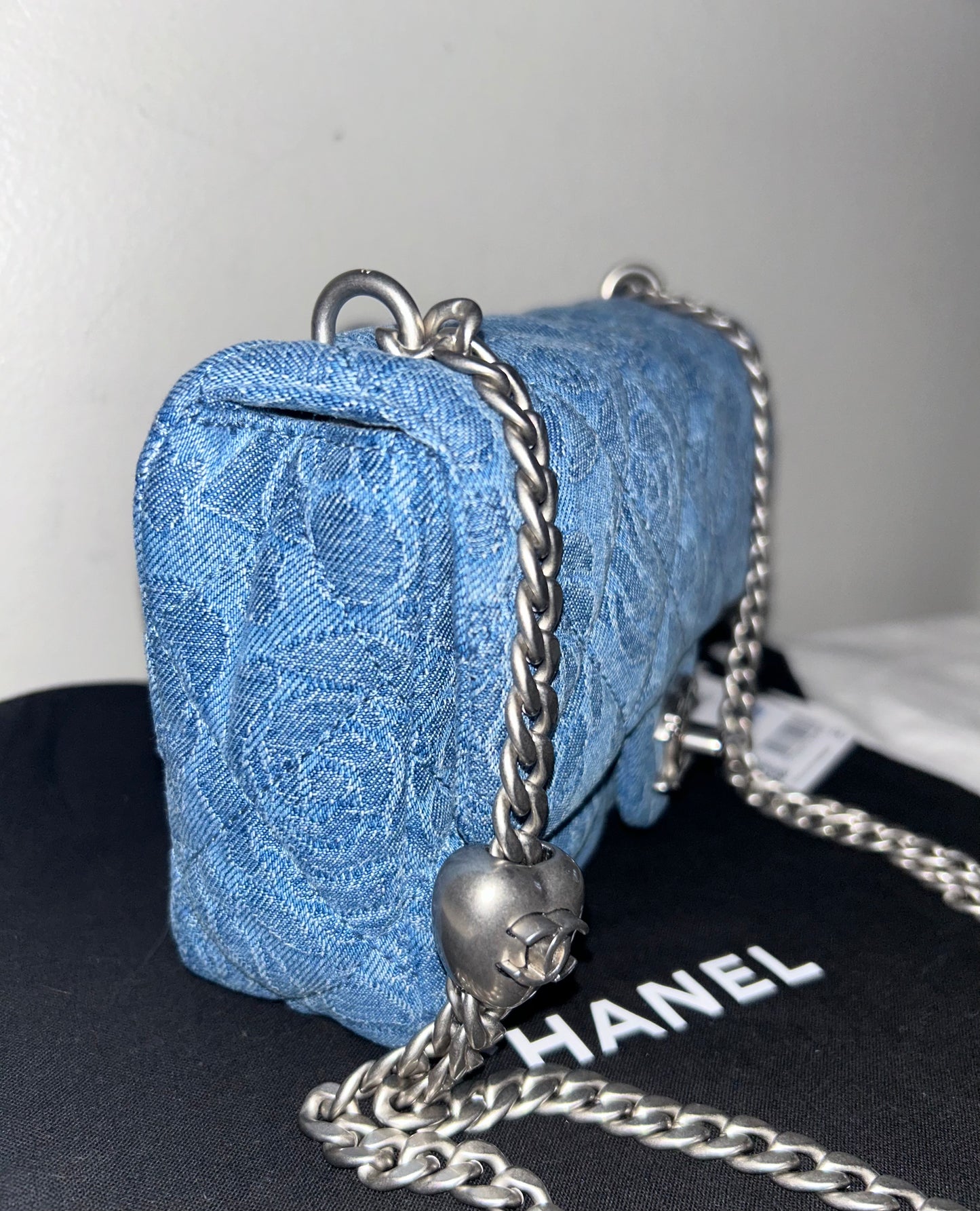 CHANEL 23P Sweetheart Crush Mini Flap Camellia Quilted Denim Blue Bag