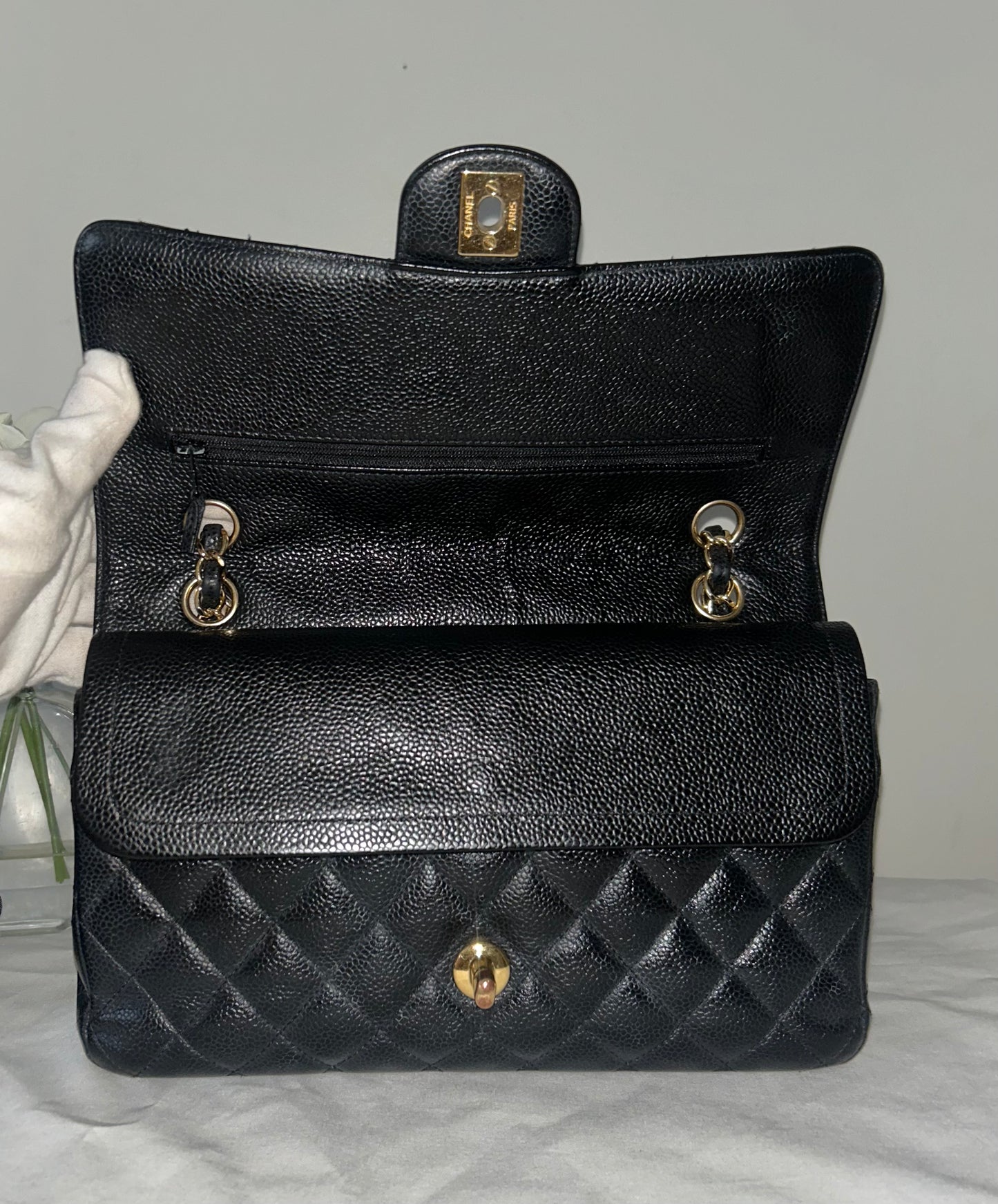 CHANEL Medium Classic Double Flap Caviar Quilted Handbag Black / Gold
