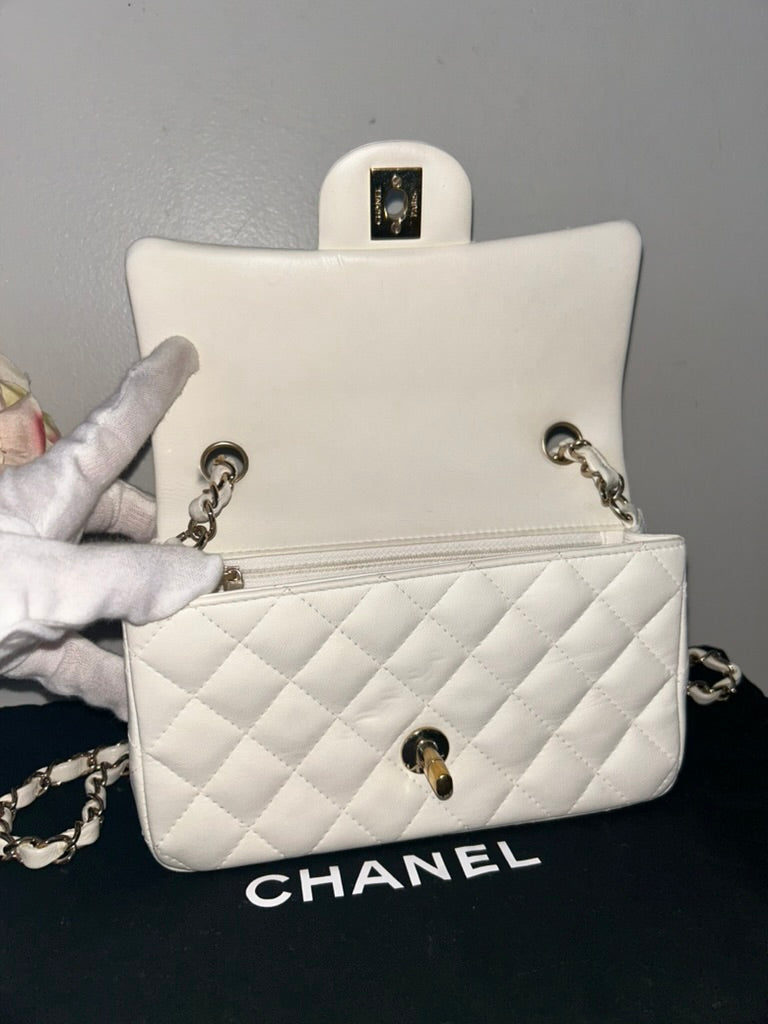 CHANEL Classic Mini Rectangular Flap Bag Quilted Lambskin Leather White/Gold