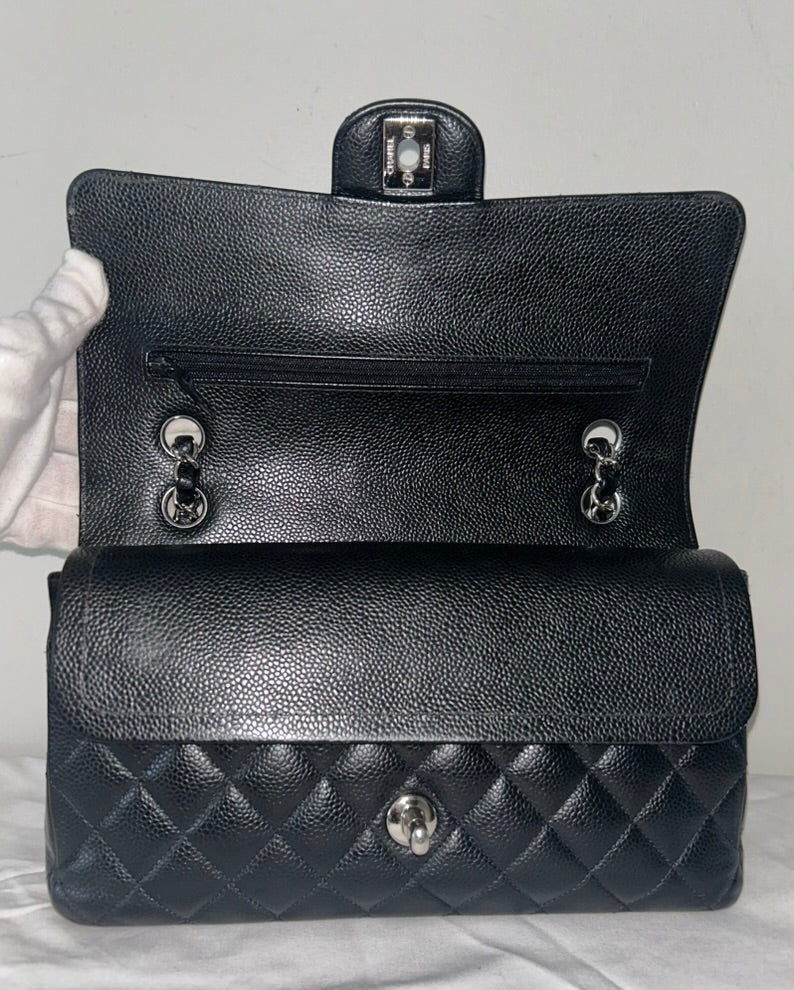 CHANEL Classic Medium Double Flap Quilted Caviar Leather Handbag Black