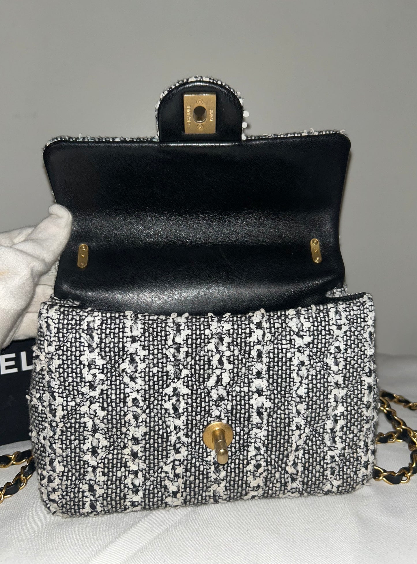 CHANEL CC Mini Pearl Flap Bag Sequin Tweed Black & White / Gold Hardware