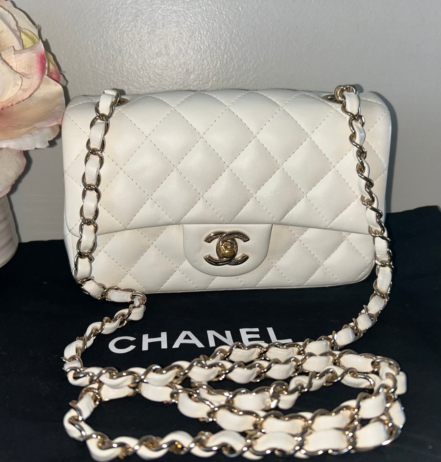 CHANEL Classic Mini Rectangular Flap Bag Quilted Lambskin Leather White/Gold