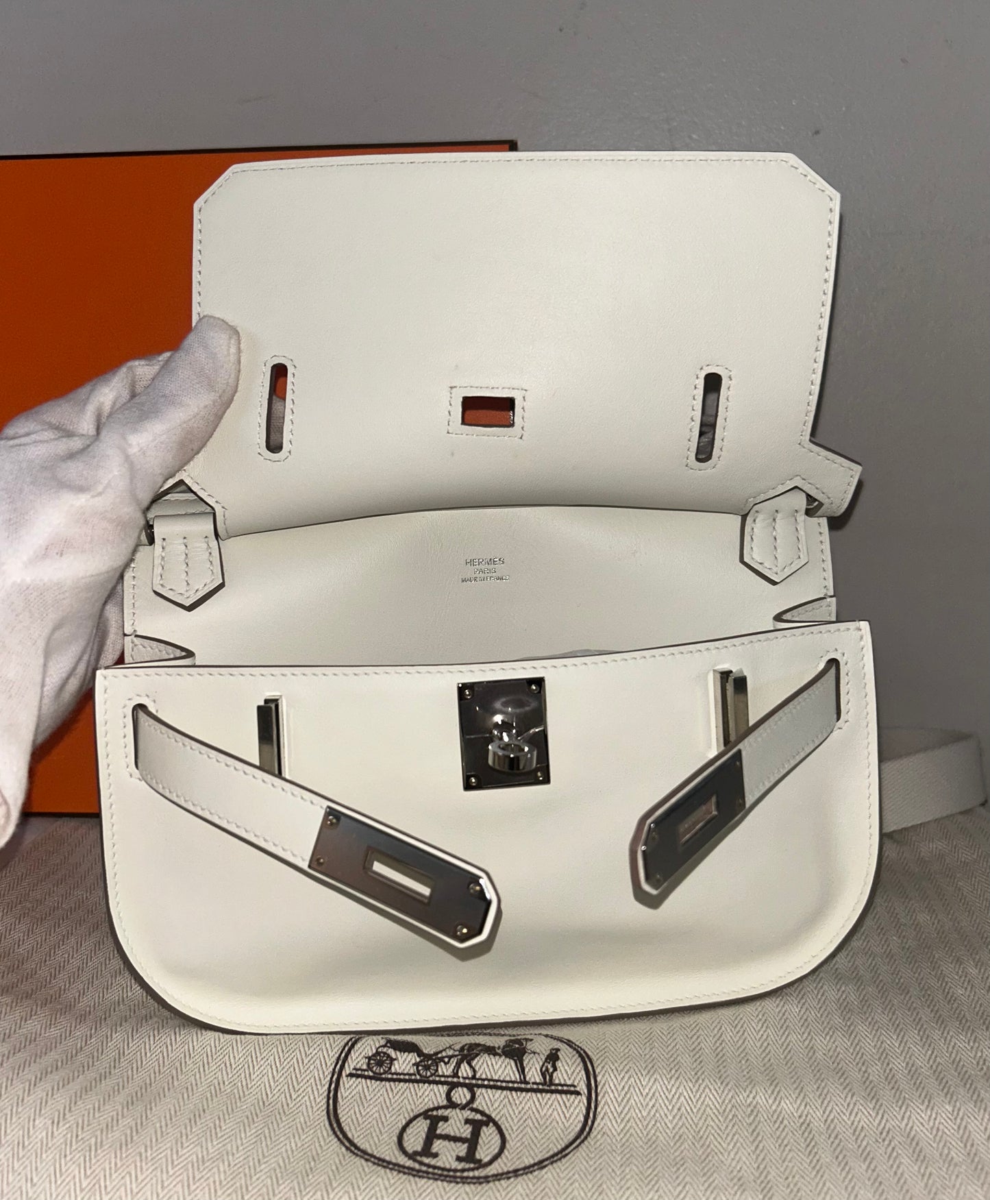 HERMES Jypsiere Mini Mushroom White Swift Leather Palladium Hardware Handbag