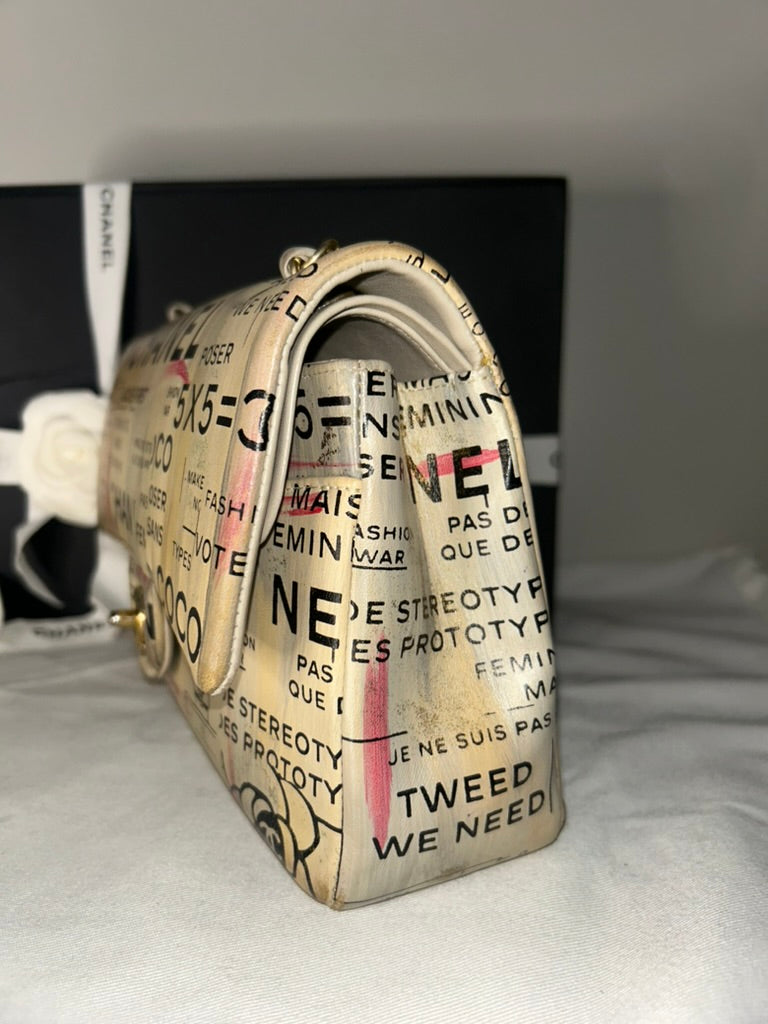 CHANEL Graffiti Newsprint Logo Medium Double Flap Lambskin Handbag Beige
