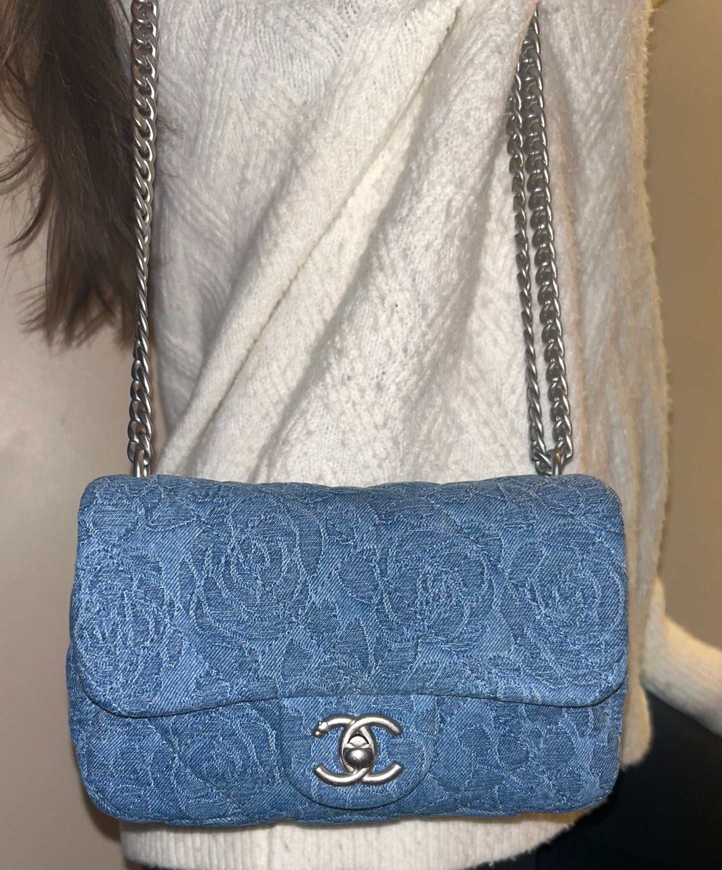 CHANEL 23P Sweetheart Crush Mini Flap Camellia Quilted Denim Blue Bag